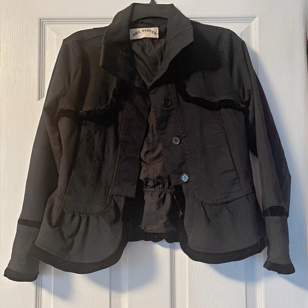 Vintage-Inspired Y2K Mrs. Pepper Blazer – Velvet Trim + Peplum Drama | Small
